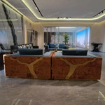 Hand-Forged Stainless Steel Sofa with Burl Wood Veneer & Handcrafted Gold Inlay